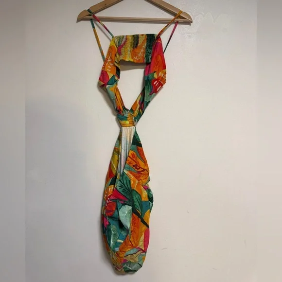 Tropical Print Cutout Mini Dress - Yellow & Green - Picture 6 of 9